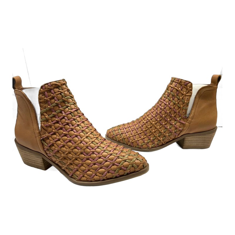 Woven leather bootie, tan and rose